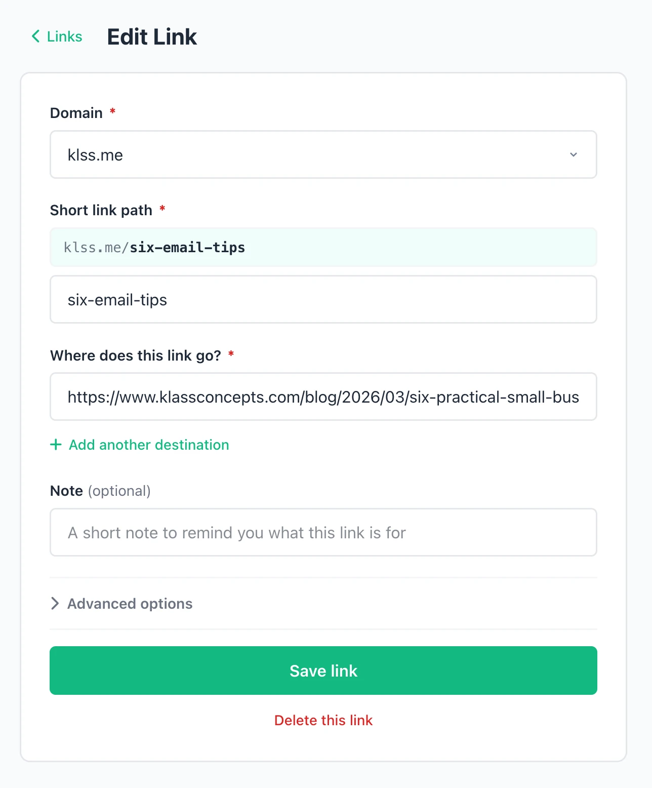 itty.foo edit link form with domain selector and destination URL field