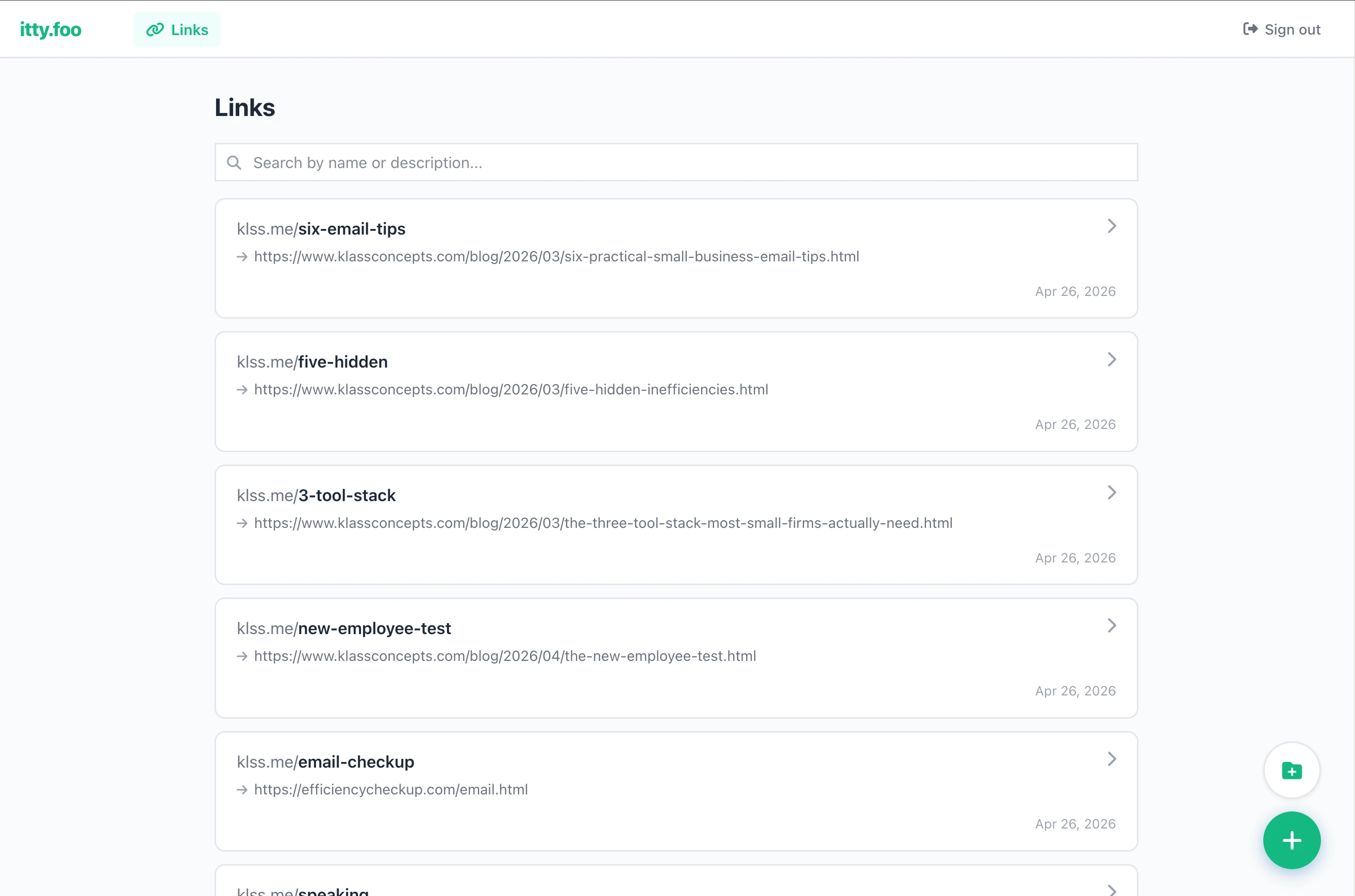 itty.foo link list dashboard showing branded short links